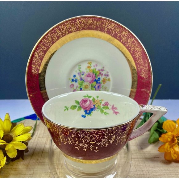 Aristocrat by Salem century maroon set 4 pieces, tea cup set, 23K gold encrusted - Picture 8 of 16